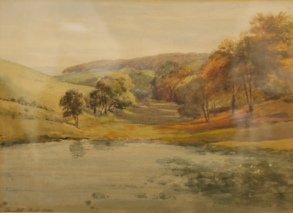 George Vicat Cole RA (1833-1893), watercolour, Lakeside landscape, monogrammed and dated 1869, 34 x 45cm, gilt frame. Condition - good